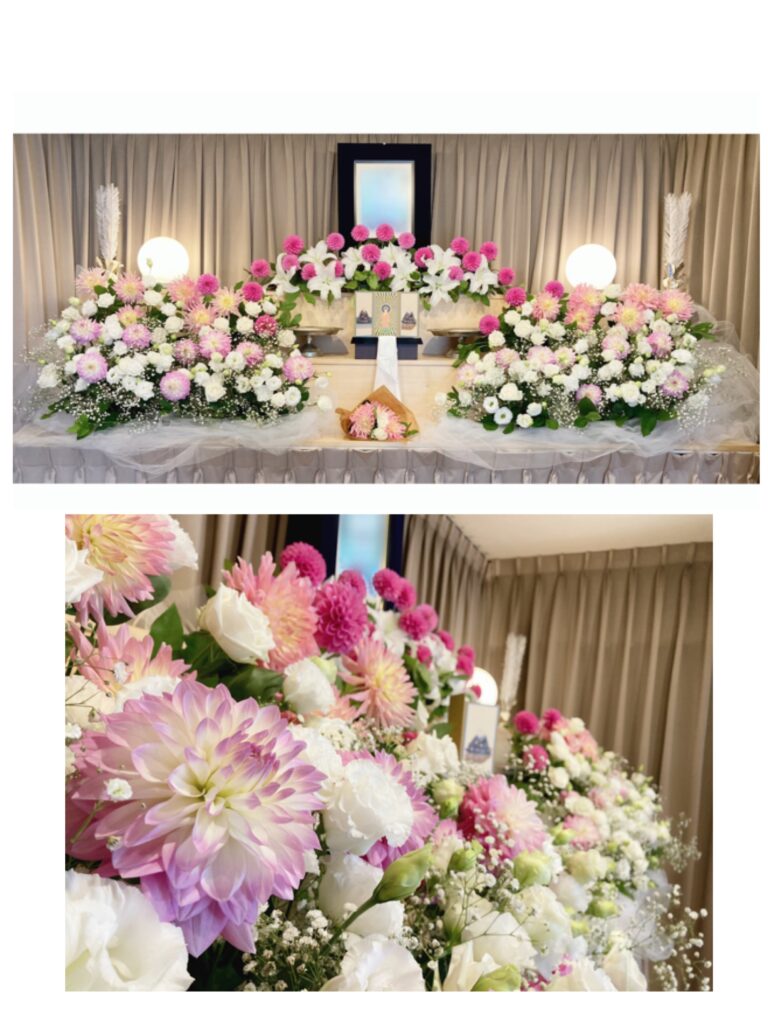 ピンク色の可愛らしい花祭壇 中野区の葬儀は中野区の葬儀社 あすなろ葬祭