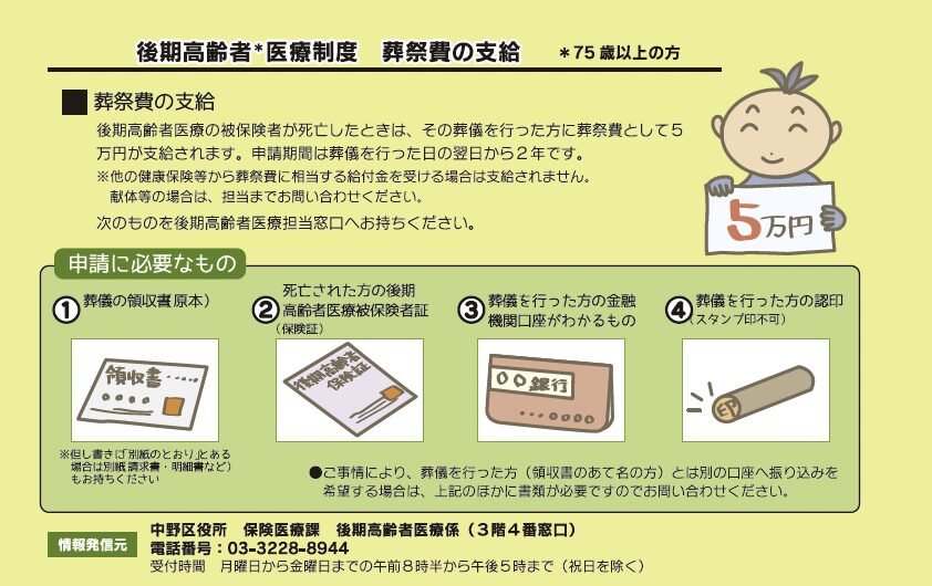 中野区葬祭費の支給 後期高齢者医療費制度 葬祭費支給